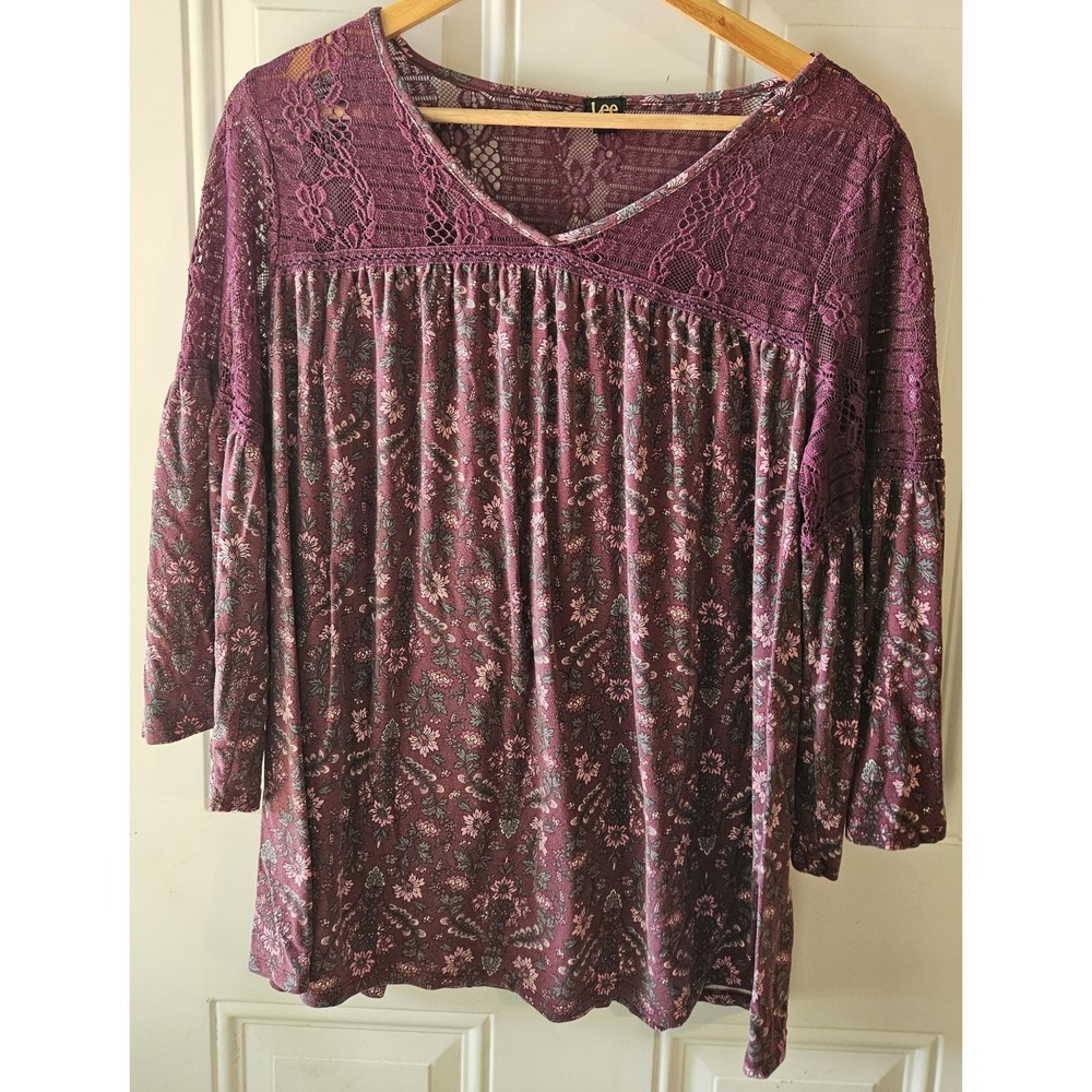 Lee 1X Purple Floral Lace Boho Peasant Top Bell Sleeve Plus Size Blouse
